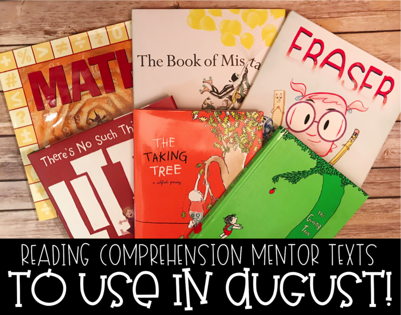 Using Mentor texts is fun way to teach or review reading comprehension to upper elementary students. These digital and printable graphic organizers are a fun way to engage , whether you utilize mentor texts in centers, small groups or the whole class. August is back to school month and these mentor texts are sure to start off your school year with some excitement. {3rd, 4th, 5th, reading comprehension}