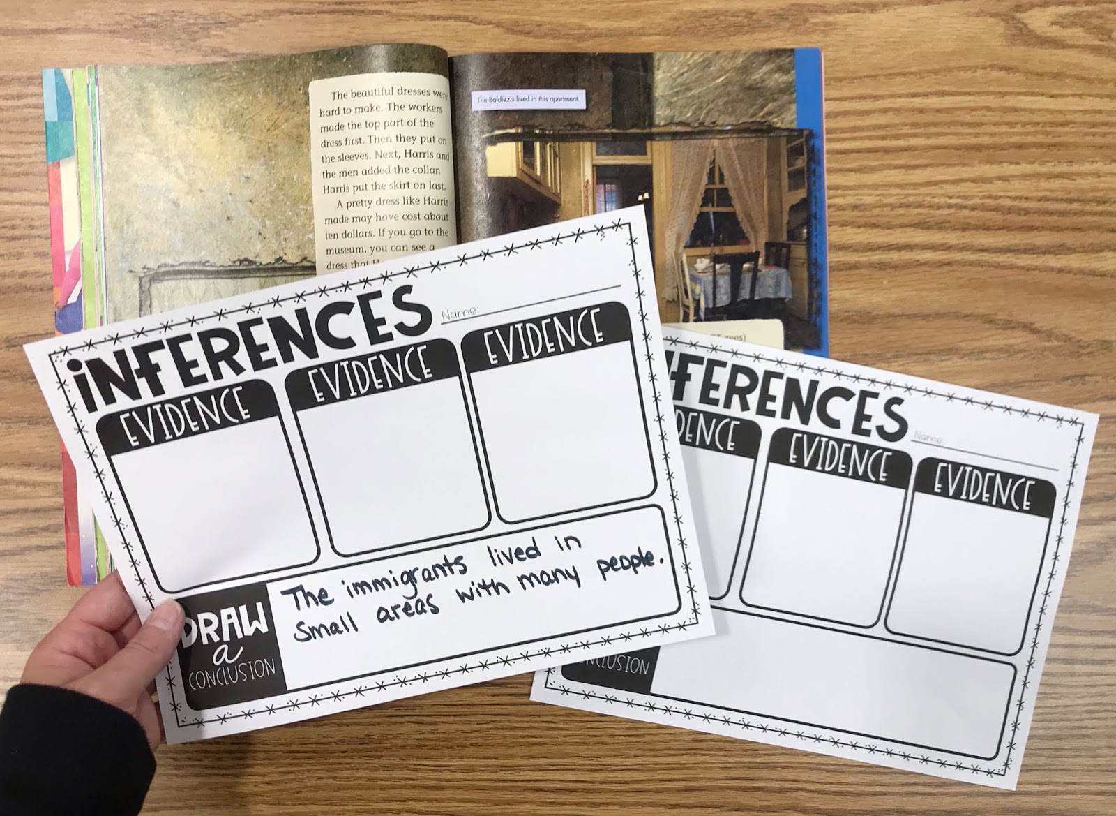 Social Studies book  with Graphic Organizer with text "Inferences "