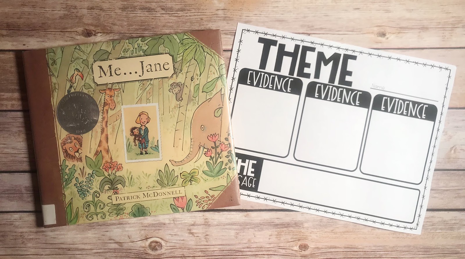 Mentor Text with text "Me...Jane" and Graphic Organizer with text "Theme"