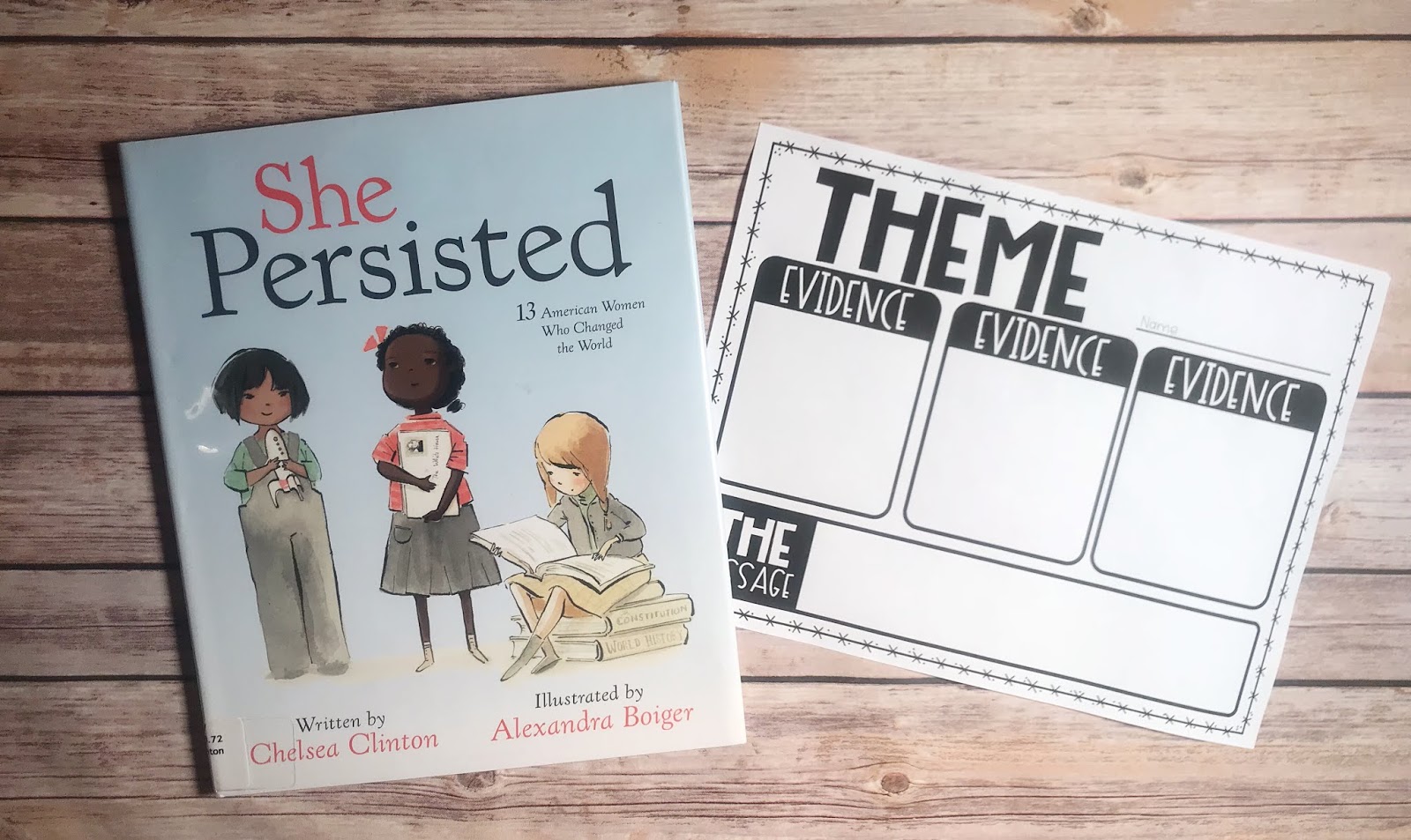 Mentor Text with text "She Persisted" and Graphic Organizer with text "Theme"
