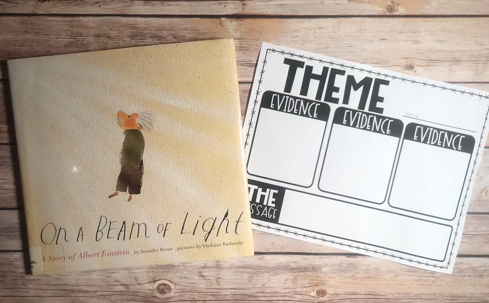 Mentor Text with text "On A Beam of Light" and Graphic Organizer with text "Theme"
