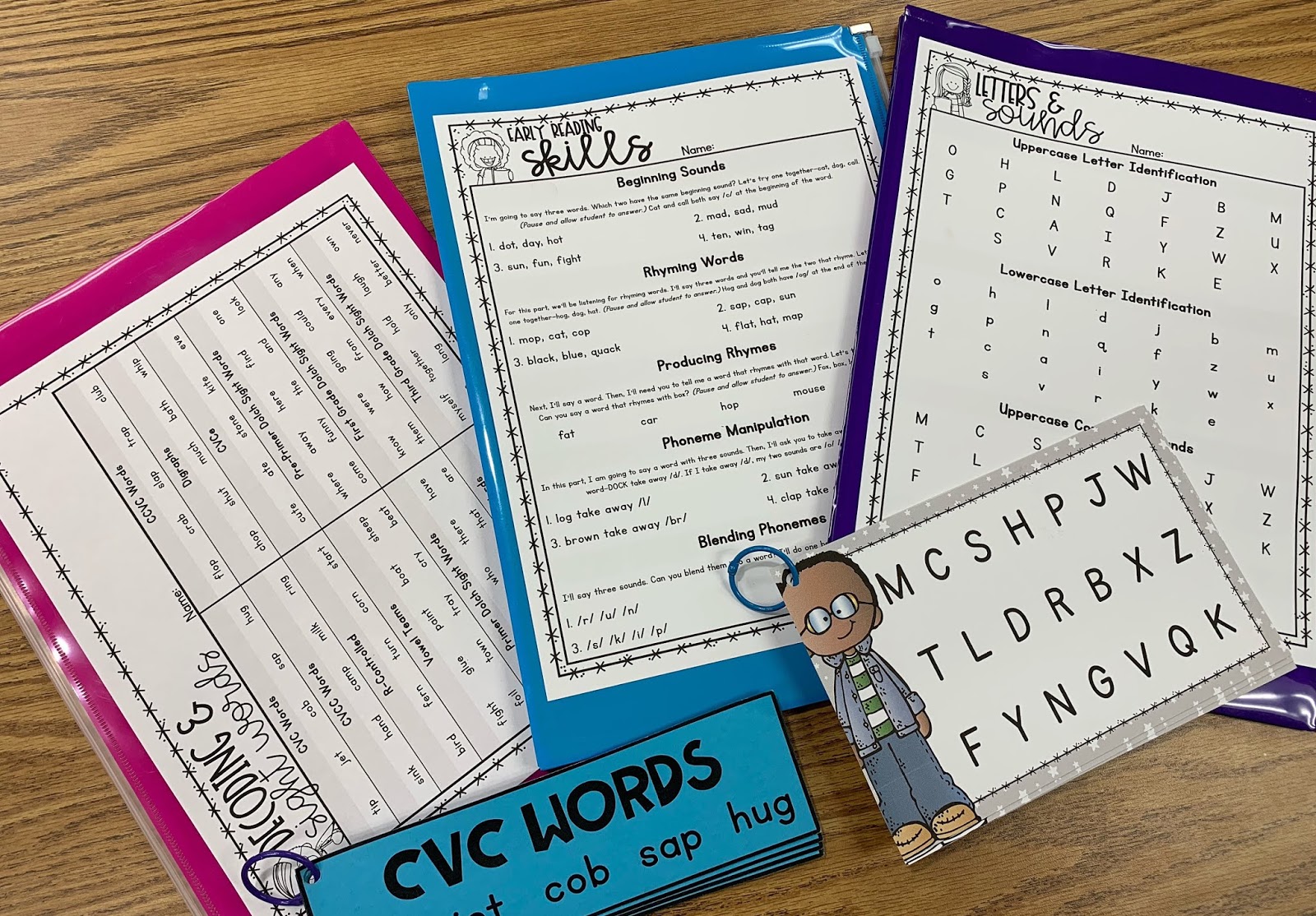 Assessments on table with text "Decoding and Sight Words" "Early Reading Skills" Letters and Sounds"
