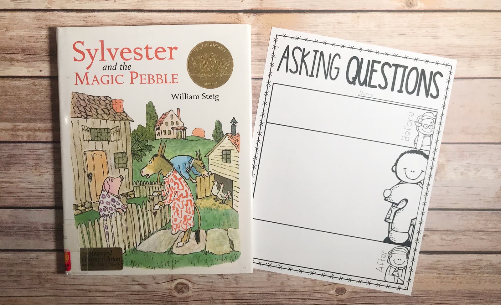 Mentor text with text "Sylvester and the Magic Pebble" and graphic organizer with text "Asking Questions" 