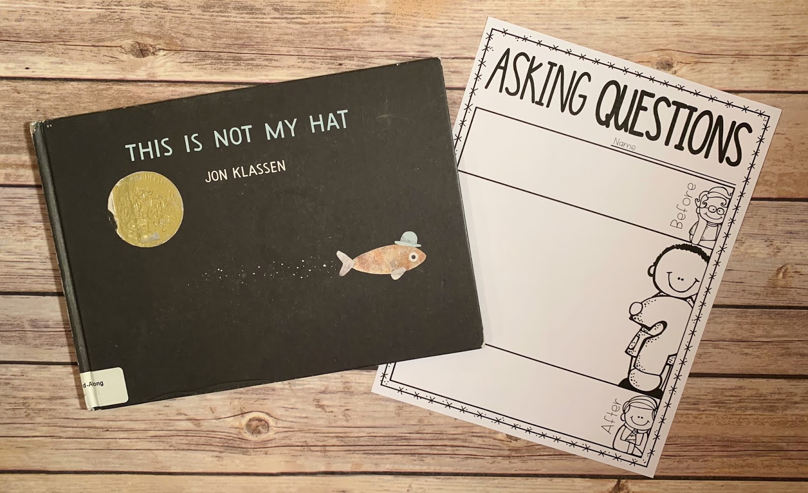 Mentor text with text "This is Not My Hat" and graphic organizer with text "Asking Questions" 