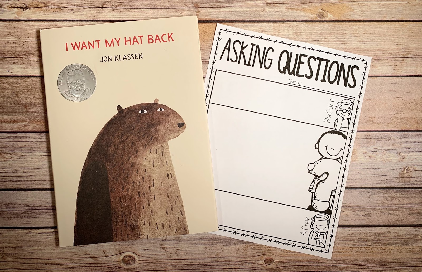 Mentor text with text "I Want My Hat Back" and graphic organizer with text "Asking Questions" 
