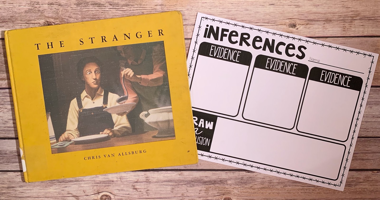 Mentor text with the text "The Stranger" and graphic organizer with text "inferences"