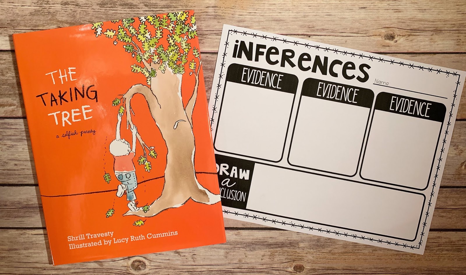 Mentor text with the text "The Taking Tree" and graphic organizer with text "inferences"