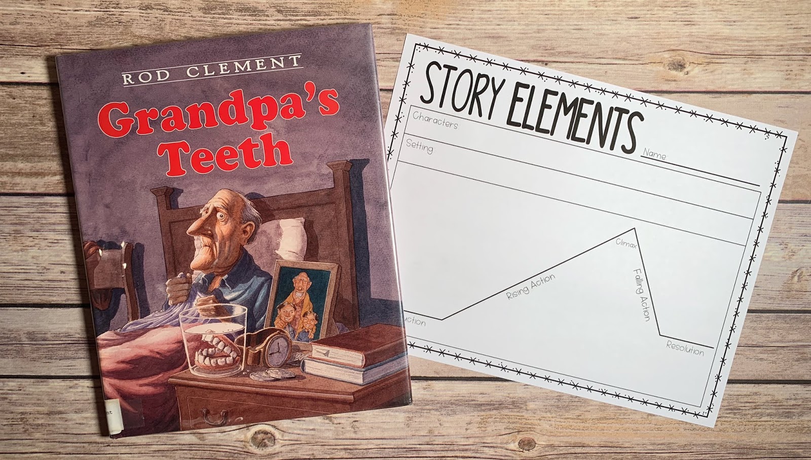 Mentor Text with text "Grandpa's Teeth" and Graphic Organizer with text "Story Elements"