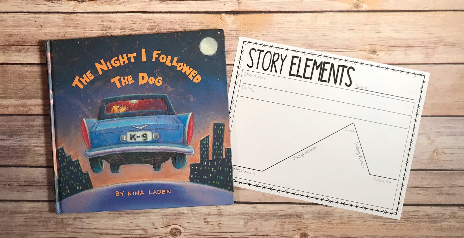 Mentor Text with text "The Night I Followed the Dog" and Graphic Organizer with text "Story Elements"