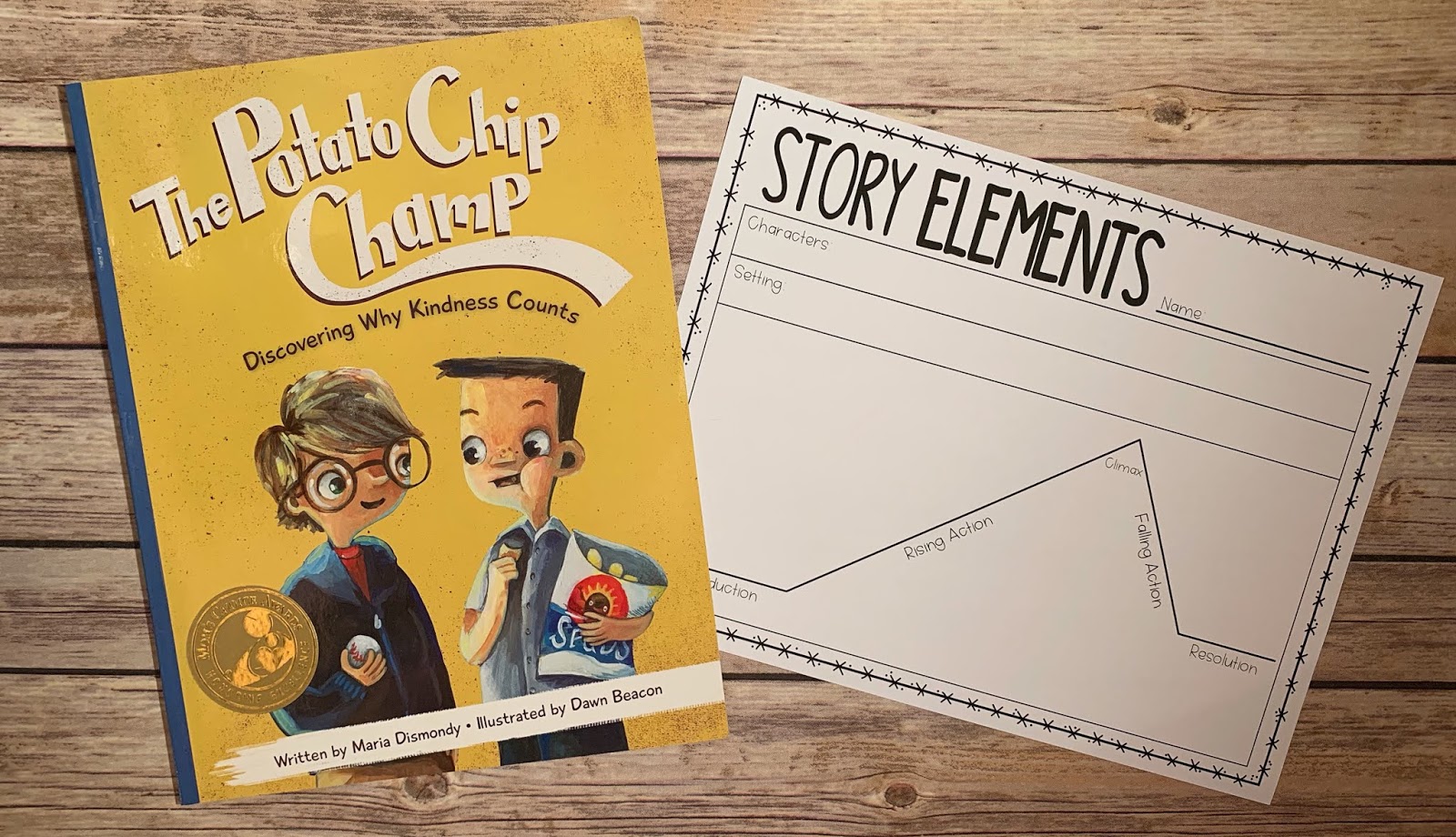 Mentor Text with text "The Potato Chip Champ" and Graphic Organizer with text "Story Elements"