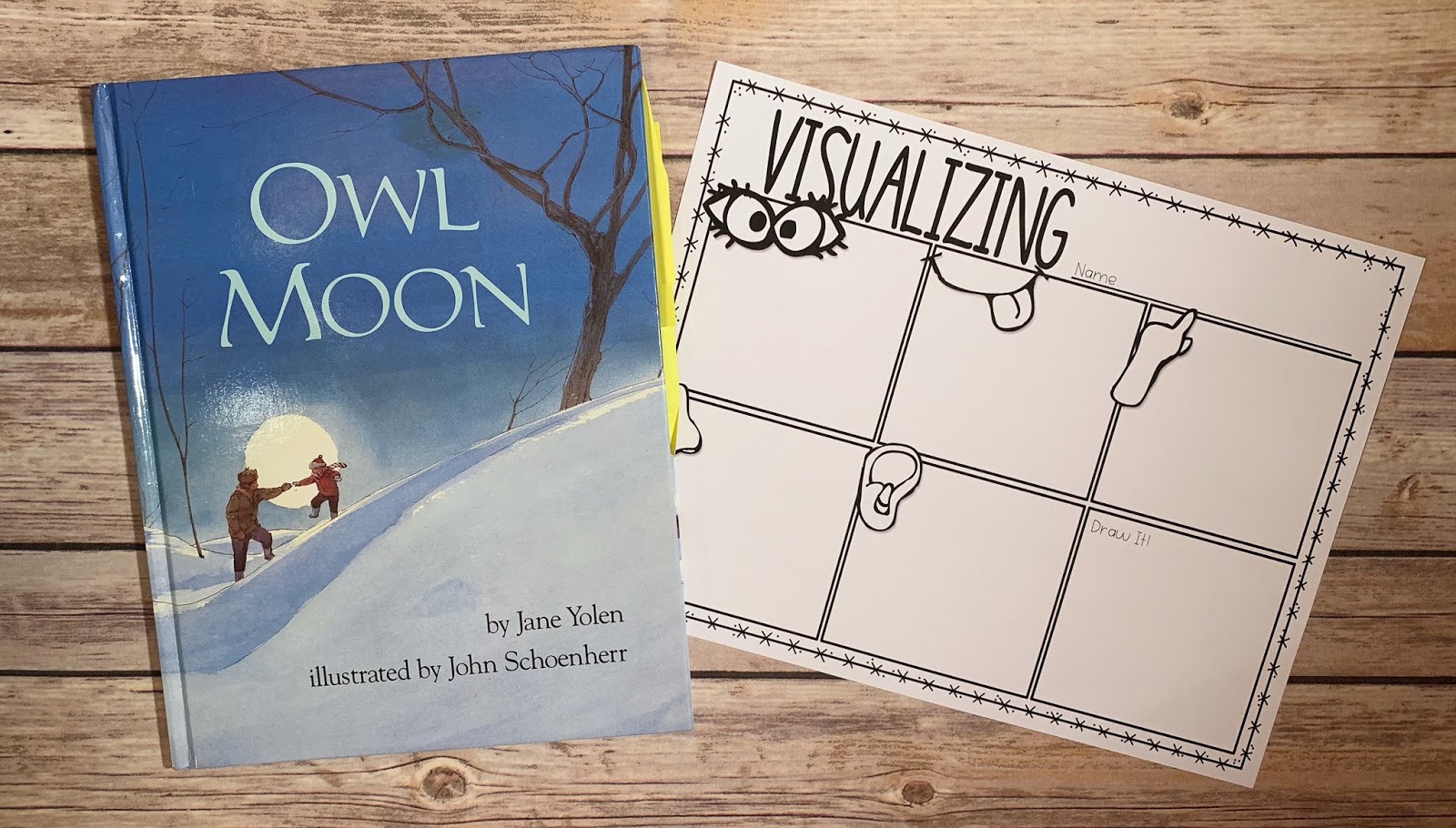 Mentor Text with text "Owl Moon" and Graphic Organizer with text "Visualizing"