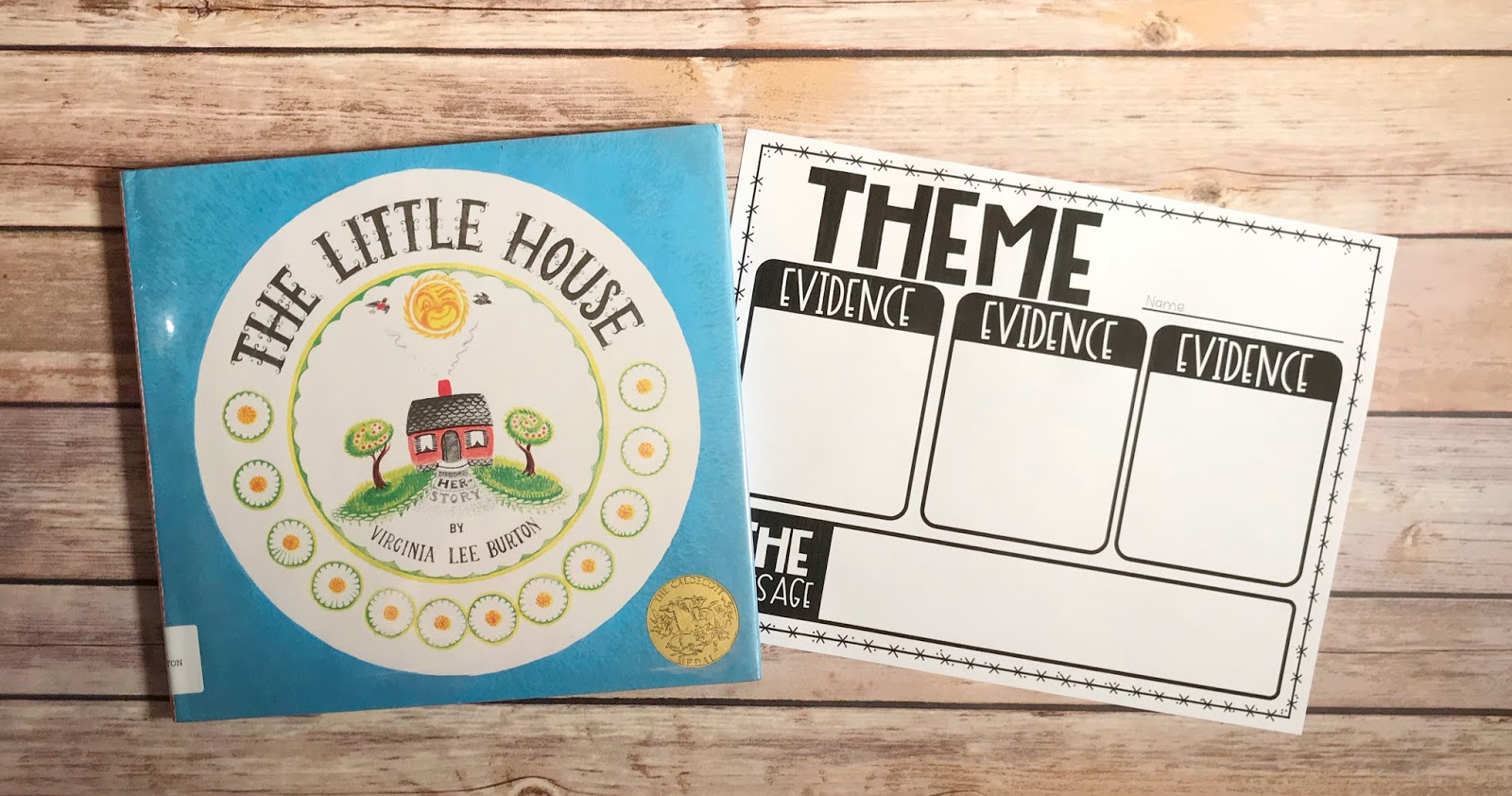 Mentor Text with text "The Little House" and Graphic Organizer with text "Theme"