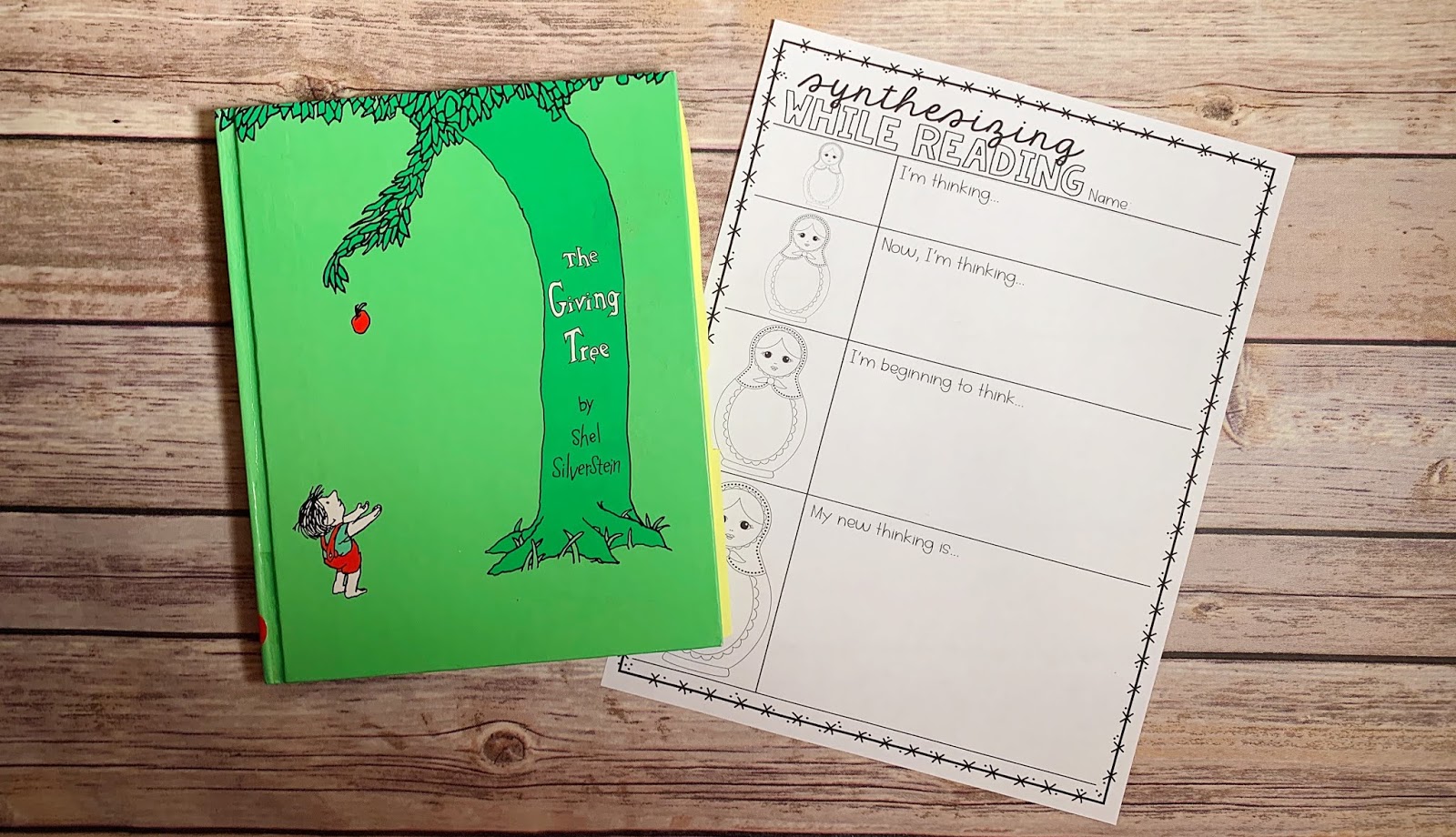 Mentor Text with text "The Giving Tree" and Graphic Organizer with text "Synthesizing While Reading"