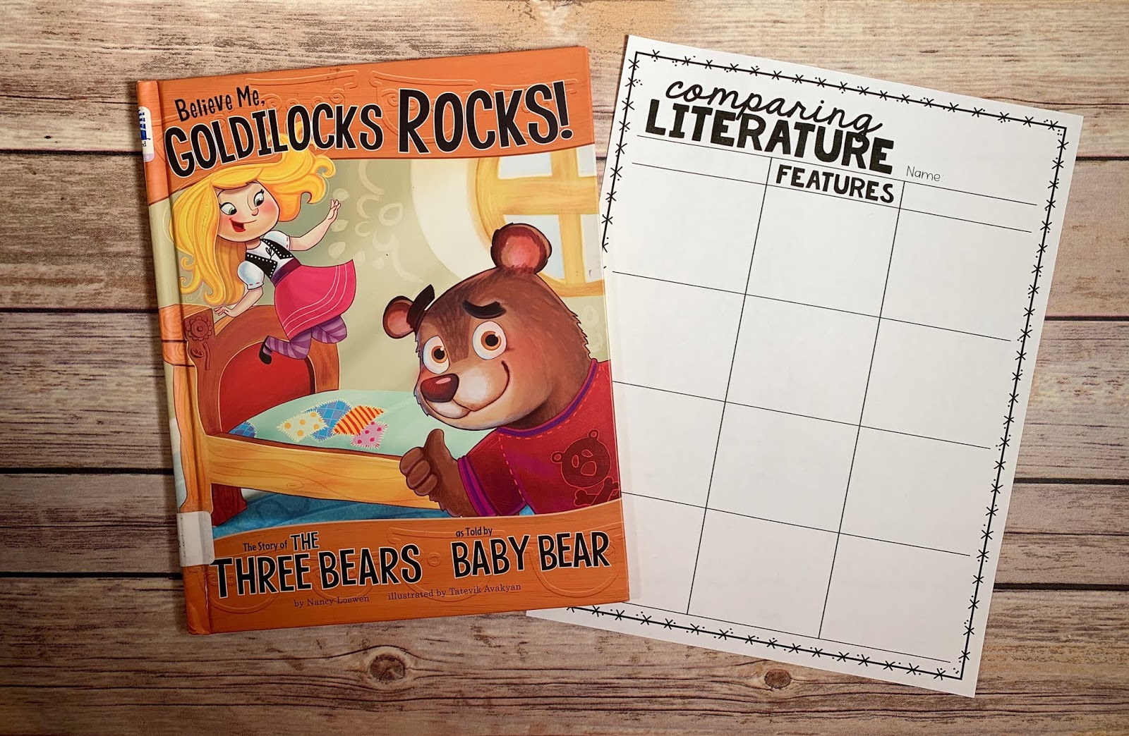 Mentor Text with text "Believe Me, Goldilocks Rocks!" and Graphic Organizer with text "Comparing Literature" 