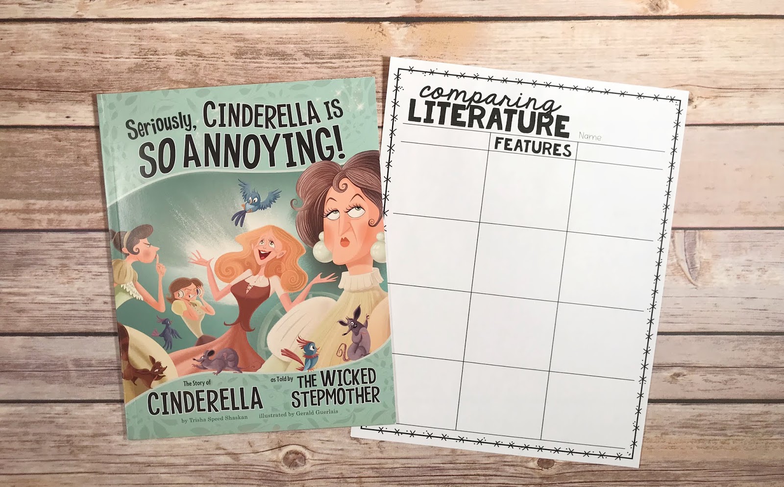 Mentor Text with text "Seriously, Cinderella is So Annoying!" and Graphic Organizer with text "Comparing Literature" 