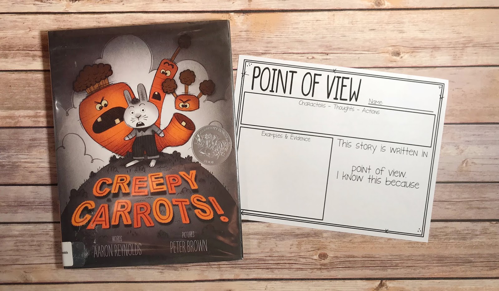 Mentor Text with text "Creepy Carrots!" and Graphic Organizer with text "Point of View"