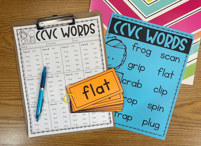 CCVC Words List on Clipboard with Flashcards and Pen for Progress Monitoring Tub