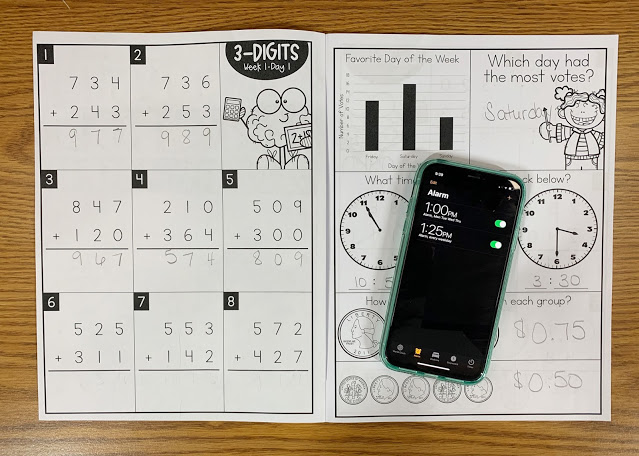 Copy of 3-Digits Week 1 Day  Math Problems with a Cellphone Laying on Top with a Timer Set to use during Special Education Math Groups
