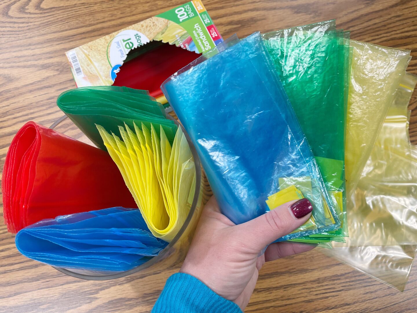Image of Primary Gal holding multiple Colored Sandwich Bags in her Hand